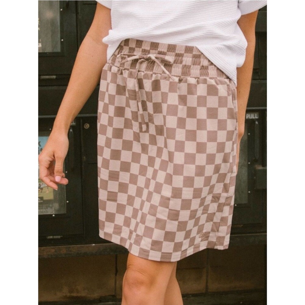 NWT Albion Cher Skirt Medium Brown Checkers Jetsetter Travel Performance Stretch